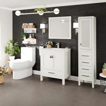 London 30"W x 18"D White Bathroom Vanity with White Carrara Quartz Countertop and Undermount Porcelain Sink TVN414-30X18WH-Q