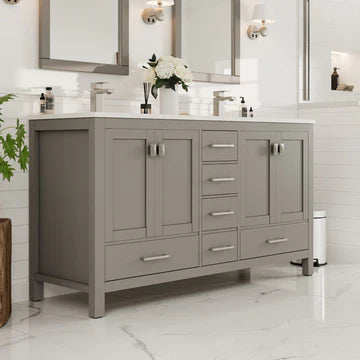 London 60"W x 18"D Gray Double Sink Bathroom Vanity with White Carrara Quartz Countertop and Undermount Porcelain Sinks TVN414-60X18GR-Q