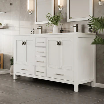 London 60"W x 18"D White Double Sink Bathroom Vanity with White Carrara Quartz Countertop and Undermount Porcelain Sinks TVN414-60X18WH-Q