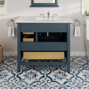 Britney 36"W x 22"D Ash Blue Bathroom Vanity with White Carrara Quartz Countertop and Undermount Porcelain Sink EVVN612-36AB-Q