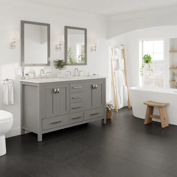 Aberdeen 60"W x 22"D Gray Double Sink Bathroom Vanity with White Carrara Quartz Countertop and Undermount Porcelain Sinks EVVN412-60GR-Q