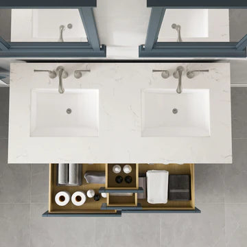 Britney 48"W x 22"D Ash Blue Double Sink Bathroom Vanity with White Carrara Quartz Countertop and Undermount Porcelain Sinks EVVN612-48AB-DS-Q