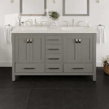 Aberdeen 60"W x 22"D Gray Double Sink Bathroom Vanity with White Carrara Quartz Countertop and Undermount Porcelain Sinks EVVN412-60GR-Q