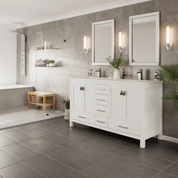 London 60"W x 18"D White Double Sink Bathroom Vanity with White Carrara Quartz Countertop and Undermount Porcelain Sinks TVN414-60X18WH-Q