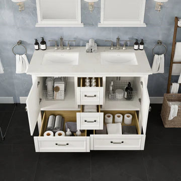 Britney 48"W x 22"D White Double Sink Bathroom Vanity with White Carrara Quartz Countertop and Undermount Porcelain Sinks EVVN612-48WH-DS-Q