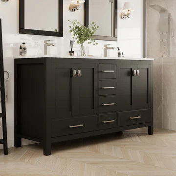 London 60"W x 18"D Espresso Double Sink Bathroom Vanity with White Carrara Quartz Countertop and Undermount Porcelain Sinks TVN414-60X18ES-Q