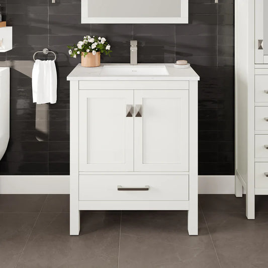 London 30"W x 18"D White Bathroom Vanity with White Carrara Quartz Countertop and Undermount Porcelain Sink TVN414-30X18WH-Q