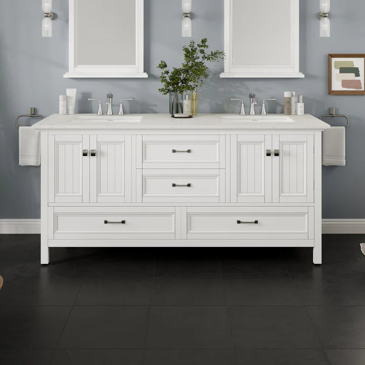 Britney 72"W x 22"D White Double Sink Bathroom Vanity with White Carrara Quartz Countertop and Undermount Porcelain Sinks EVVN612-72WH-Q