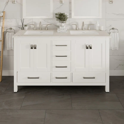 Aberdeen 60"W x 22"D White Double Sink Bathroom Vanity with White Carrara Quartz Countertop and Undermount Porcelain Sinks EVVN412-60WH-Q