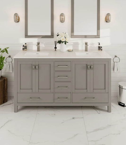 London 60"W x 18"D Gray Double Sink Bathroom Vanity with White Carrara Quartz Countertop and Undermount Porcelain Sinks TVN414-60X18GR-Q