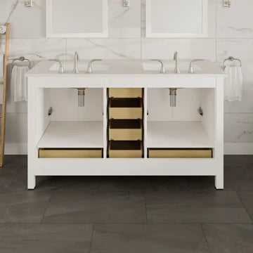 Aberdeen 60"W x 22"D White Double Sink Bathroom Vanity with White Carrara Quartz Countertop and Undermount Porcelain Sinks EVVN412-60WH-Q