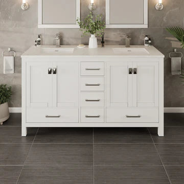 London 60"W x 18"D White Double Sink Bathroom Vanity with White Carrara Quartz Countertop and Undermount Porcelain Sinks TVN414-60X18WH-Q