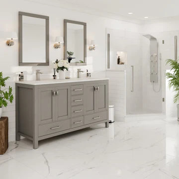 London 60"W x 18"D Gray Double Sink Bathroom Vanity with White Carrara Quartz Countertop and Undermount Porcelain Sinks TVN414-60X18GR-Q