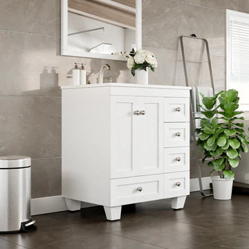 Acclaim 28"W x 22"D White Bathroom Vanity with White Carrara Quartz Countertop and Undermount Porcelain Sink EVVN69-28WH-Q