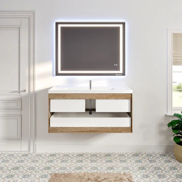 Smile 48"W x 19"D White Oak Wall Mount Bathroom Vanity with White Acrylic Countertop and Integrated Sink EVVN12-SS-48WHOK-WM