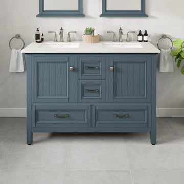 Britney 48"W x 22"D Ash Blue Double Sink Bathroom Vanity with White Carrara Quartz Countertop and Undermount Porcelain Sinks EVVN612-48AB-DS-Q