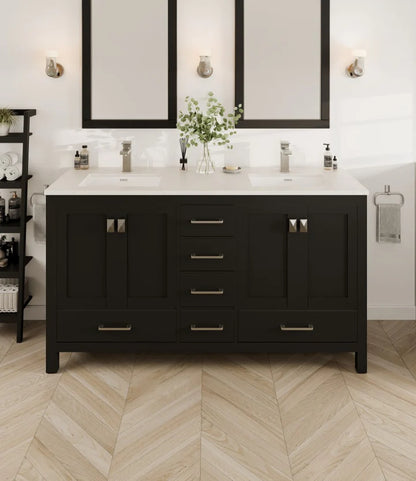 London 60"W x 18"D Espresso Double Sink Bathroom Vanity with White Carrara Quartz Countertop and Undermount Porcelain Sinks TVN414-60X18ES-Q