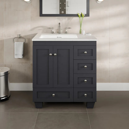 Acclaim 30"W x 22"D Dark Gray Bathroom Vanity with White Carrara Quartz Countertop and Undermount Porcelain Sink EVVN69-30DG-Q