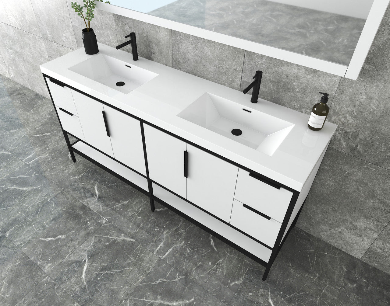 Maria 72" Glossy Freestanding Vanity with Reinforced Acrylic Double Sink SKU: BT002-72DGW