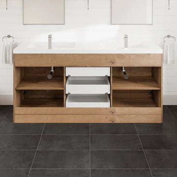 Lugano 72"W x 20"D Natural Oak Double Sink Bathroom Vanity with White Acrylic Countertop and Integrated Sinks EVVN1700-8-72NOK