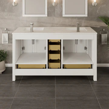 London 60"W x 18"D White Double Sink Bathroom Vanity with White Carrara Quartz Countertop and Undermount Porcelain Sinks TVN414-60X18WH-Q