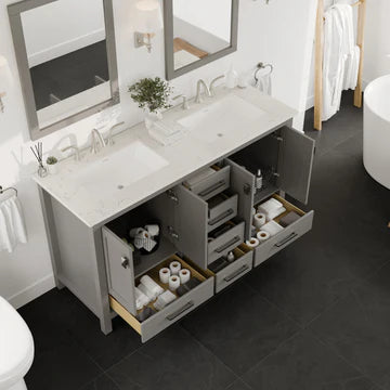 Aberdeen 60"W x 22"D Gray Double Sink Bathroom Vanity with White Carrara Quartz Countertop and Undermount Porcelain Sinks EVVN412-60GR-Q