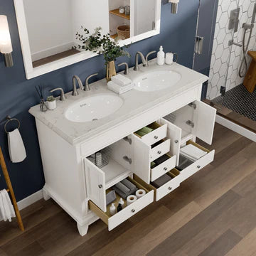 Elite Stamford 48"W x 22"D White Double Sink Bathroom Vanity with White Carrara Quartz Countertop and Undermount Porcelain Sinks EVVN709-48WH-DS-Q