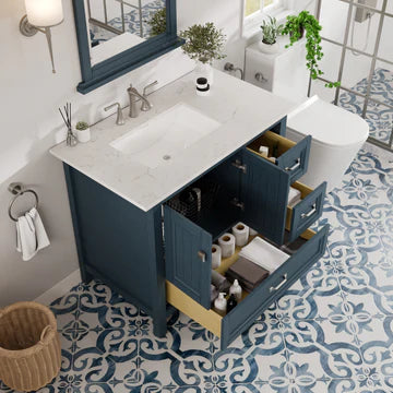 Britney 36"W x 22"D Ash Blue Bathroom Vanity with White Carrara Quartz Countertop and Undermount Porcelain Sink EVVN612-36AB-Q