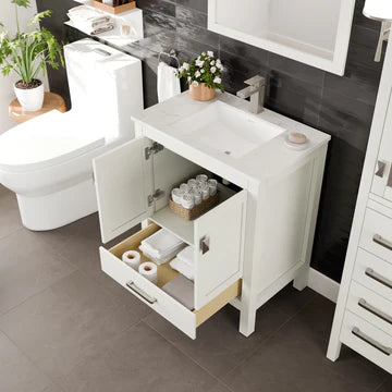 London 30"W x 18"D White Bathroom Vanity with White Carrara Quartz Countertop and Undermount Porcelain Sink TVN414-30X18WH-Q