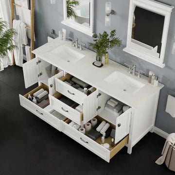 Britney 72"W x 22"D White Double Sink Bathroom Vanity with White Carrara Quartz Countertop and Undermount Porcelain Sinks EVVN612-72WH-Q