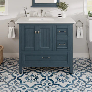 Britney 36"W x 22"D Ash Blue Bathroom Vanity with White Carrara Quartz Countertop and Undermount Porcelain Sink EVVN612-36AB-Q