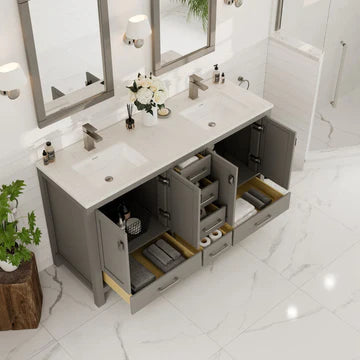 London 60"W x 18"D Gray Double Sink Bathroom Vanity with White Carrara Quartz Countertop and Undermount Porcelain Sinks TVN414-60X18GR-Q