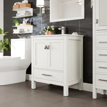 London 30"W x 18"D White Bathroom Vanity with White Carrara Quartz Countertop and Undermount Porcelain Sink TVN414-30X18WH-Q