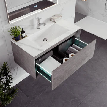 Vista 40"W x 23"D Cement Gray Wall Mount Bathroom Vanity with White Carrara Quartz Countertop and Undermount Porcelain Sink EVVN771-40CG