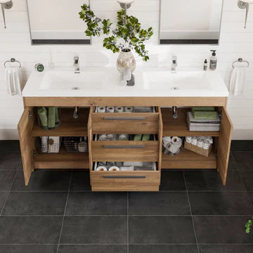 Lugano 72"W x 20"D Natural Oak Double Sink Bathroom Vanity with White Acrylic Countertop and Integrated Sinks EVVN1700-8-72NOK