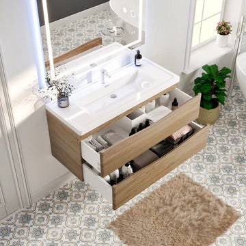 Smile 48"W x 19"D White Oak Wall Mount Bathroom Vanity with White Acrylic Countertop and Integrated Sink EVVN12-SS-48WHOK-WM