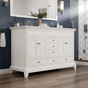 Elite Stamford 48"W x 22"D White Double Sink Bathroom Vanity with White Carrara Quartz Countertop and Undermount Porcelain Sinks EVVN709-48WH-DS-Q