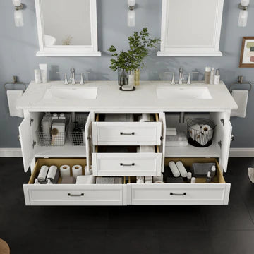 Britney 72"W x 22"D White Double Sink Bathroom Vanity with White Carrara Quartz Countertop and Undermount Porcelain Sinks EVVN612-72WH-Q