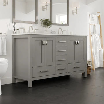 Aberdeen 60"W x 22"D Gray Double Sink Bathroom Vanity with White Carrara Quartz Countertop and Undermount Porcelain Sinks EVVN412-60GR-Q