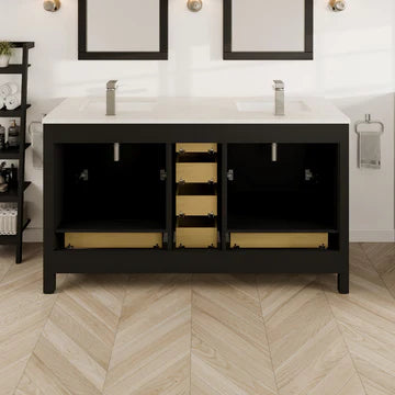 London 60"W x 18"D Espresso Double Sink Bathroom Vanity with White Carrara Quartz Countertop and Undermount Porcelain Sinks TVN414-60X18ES-Q