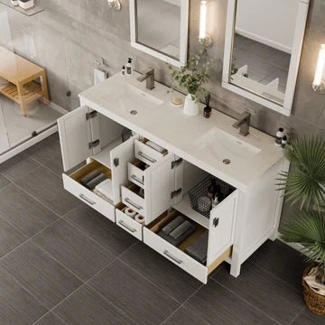 London 60"W x 18"D White Double Sink Bathroom Vanity with White Carrara Quartz Countertop and Undermount Porcelain Sinks TVN414-60X18WH-Q