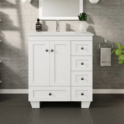 Happy 28"W x 18"D White Bathroom Vanity with White Carrara Quartz Countertop and Undermount Porcelain Sink EVVN30-28X18WH-Q