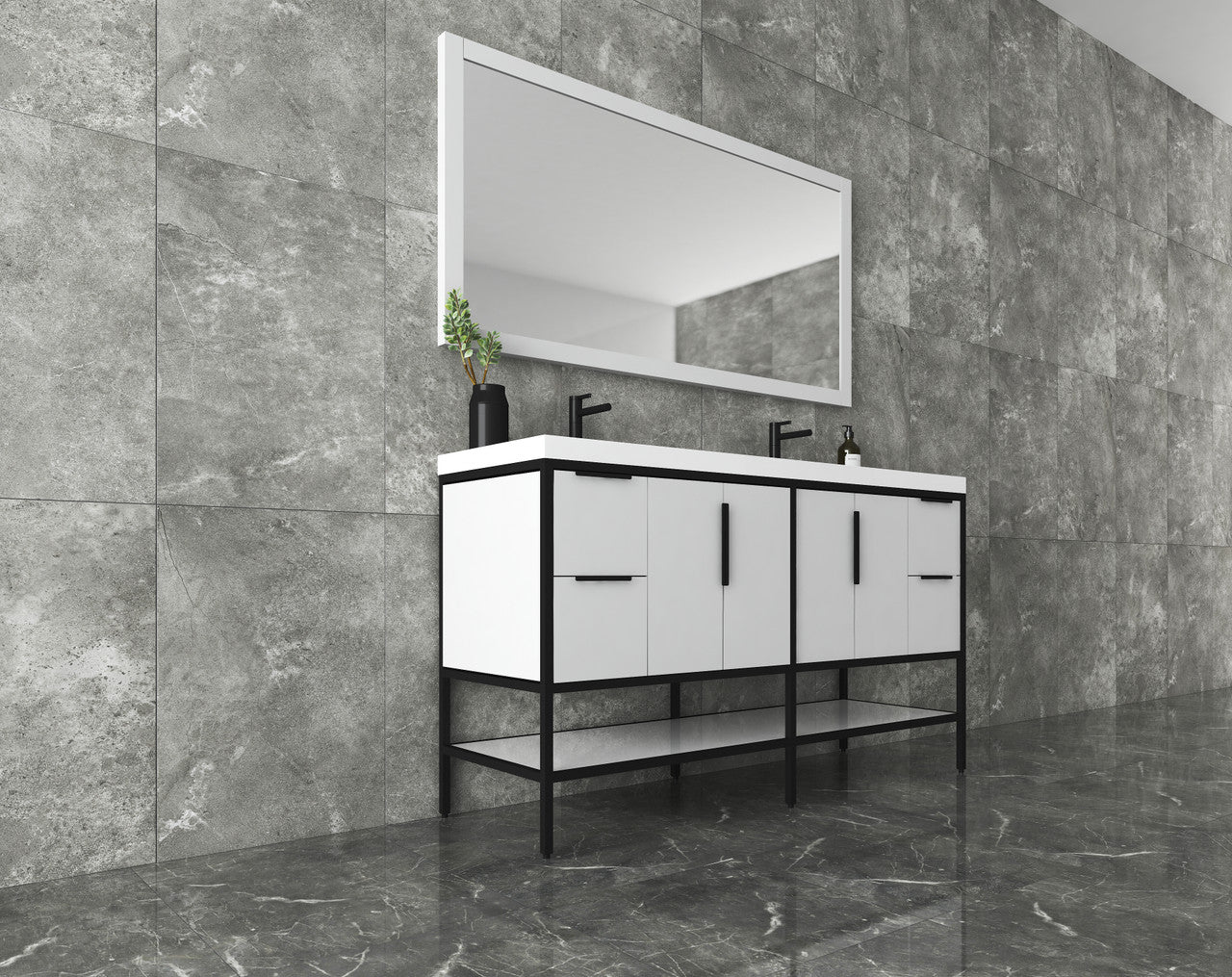 Maria 60" Glossy Freestanding Vanity with Reinforced Acrylic Double Sink SKU: BT002-60DNB