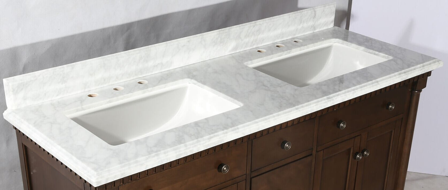 LEGION FURNITURE 60" ANTIQUE COFFEE SINK VANITY WITH CARRARA WHITE TOP AND MATCHING BACKSPLASH WITHOUT FAUCET