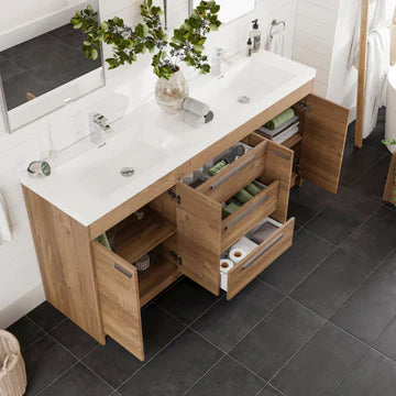 Lugano 72"W x 20"D Natural Oak Double Sink Bathroom Vanity with White Acrylic Countertop and Integrated Sinks EVVN1700-8-72NOK