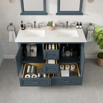 Britney 48"W x 22"D Ash Blue Double Sink Bathroom Vanity with White Carrara Quartz Countertop and Undermount Porcelain Sinks EVVN612-48AB-DS-Q