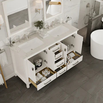 Aberdeen 60"W x 22"D White Double Sink Bathroom Vanity with White Carrara Quartz Countertop and Undermount Porcelain Sinks EVVN412-60WH-Q