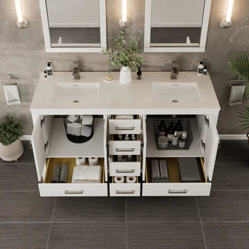 London 60"W x 18"D White Double Sink Bathroom Vanity with White Carrara Quartz Countertop and Undermount Porcelain Sinks TVN414-60X18WH-Q