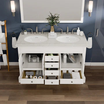 Elite Stamford 48"W x 22"D White Double Sink Bathroom Vanity with White Carrara Quartz Countertop and Undermount Porcelain Sinks EVVN709-48WH-DS-Q