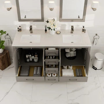 London 60"W x 18"D Gray Double Sink Bathroom Vanity with White Carrara Quartz Countertop and Undermount Porcelain Sinks TVN414-60X18GR-Q